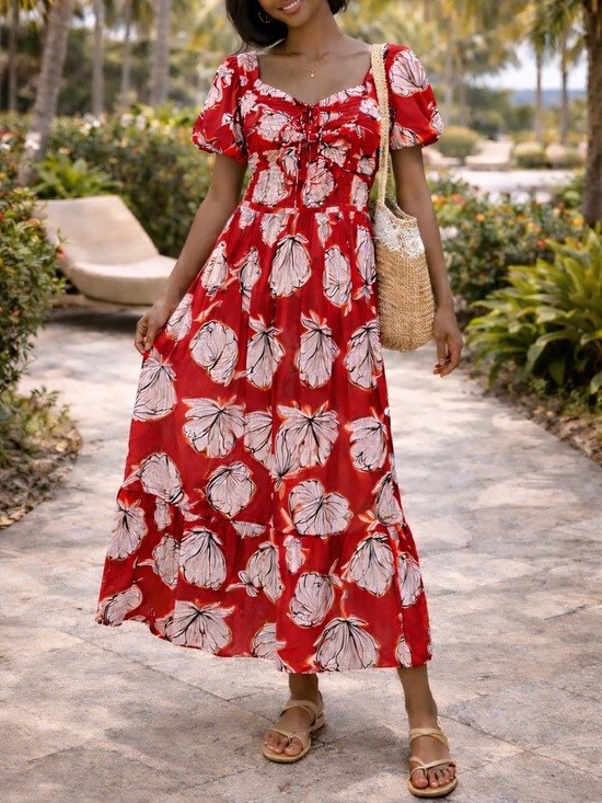 Karl Lagerfeld Dresses & Skirts - Red Floral Maxi Dress with Puff Sleeves